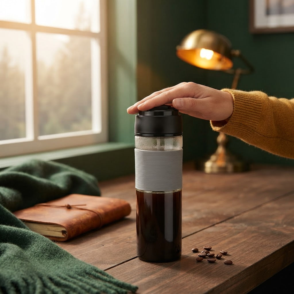 Portable French Press Coffee Bottle in use