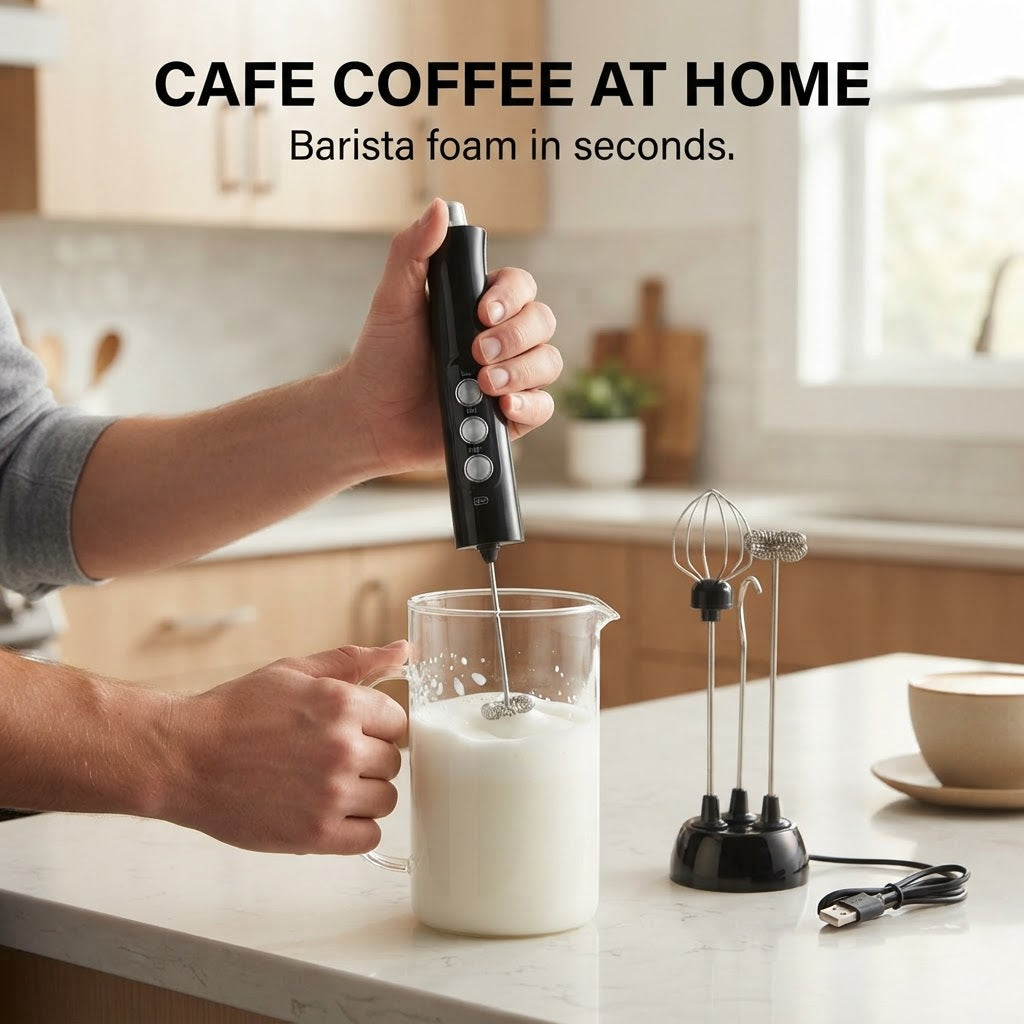 3-Speed Rechargeable Milk Frother & Whisk - Cafe coffee at home