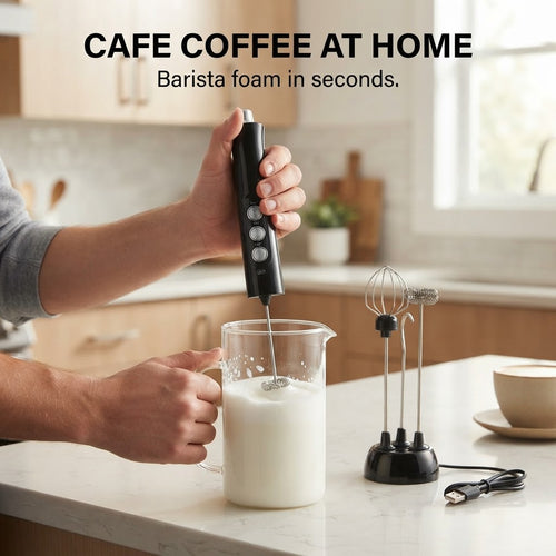 3-Speed Rechargeable Milk Frother & Whisk - Cafe coffee at home