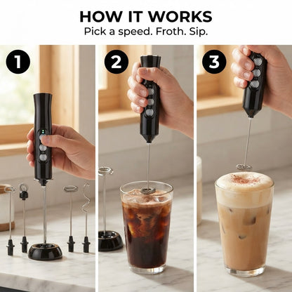 3-Speed Rechargeable Milk Frother & Whisk - How it works