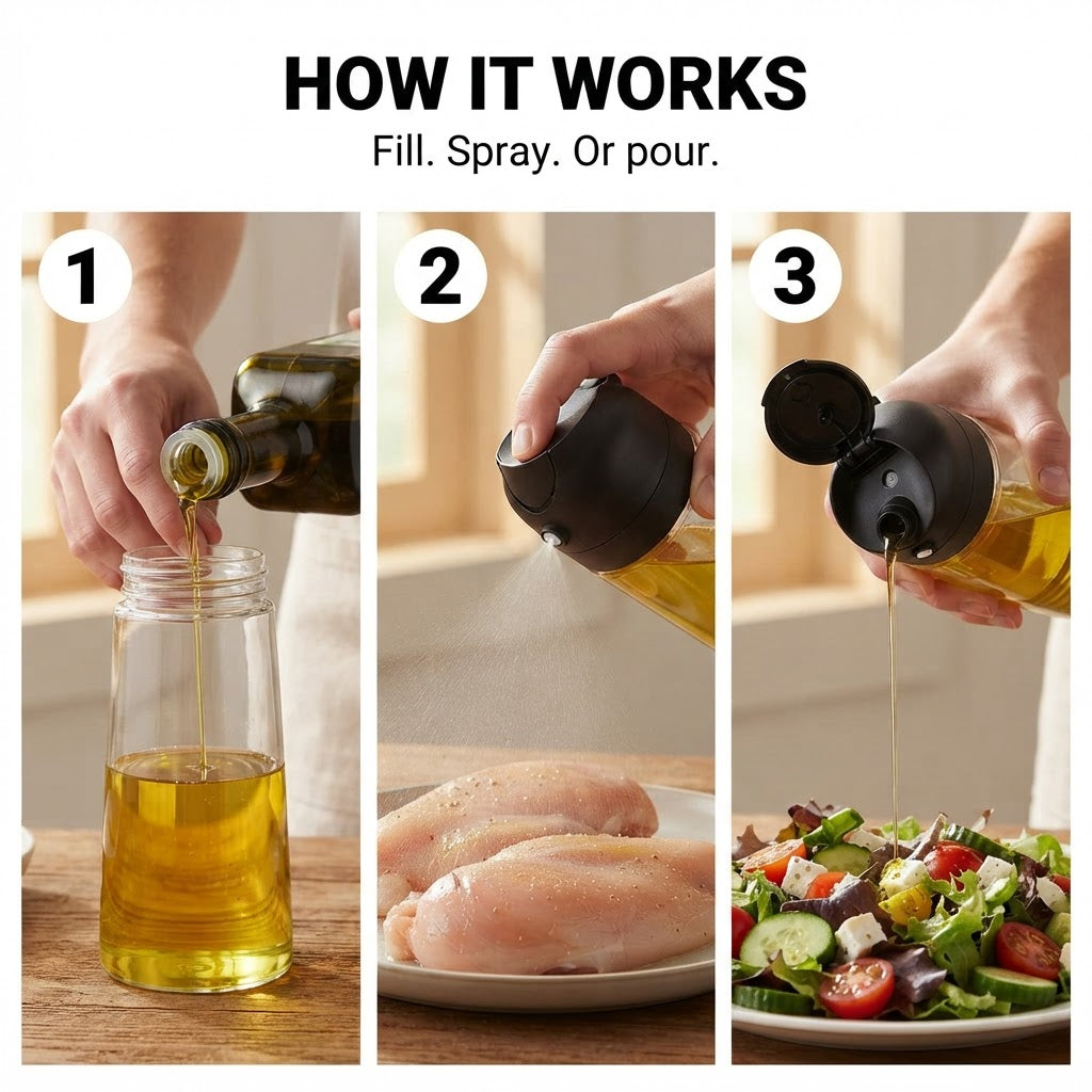 2-in-1 Glass Oil Dispenser & Sprayer - How it works