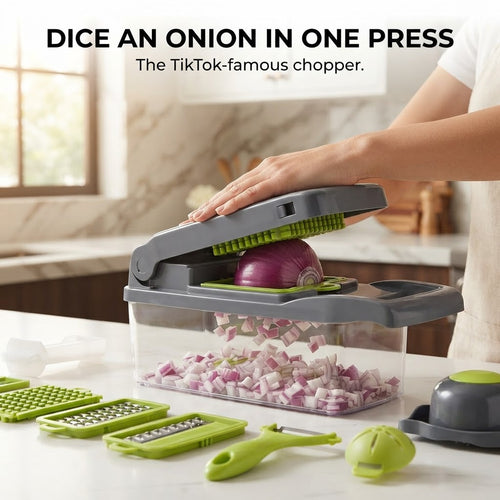 16-in-1 Vegetable Chopper with Container - Dice an onion in one press