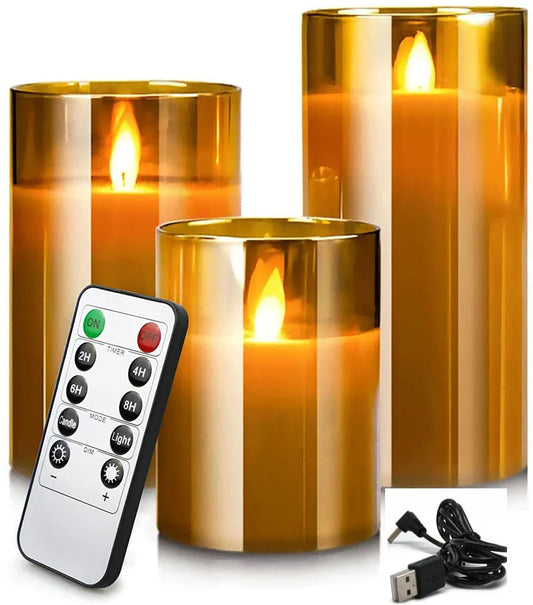 Set of 3 rechargeable flameless LED candles in gold glass with remote