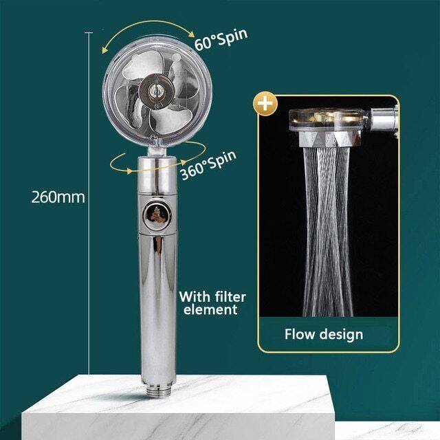 High Pressure Turbo Shower Head - 360 Rotating Handheld Sprayer