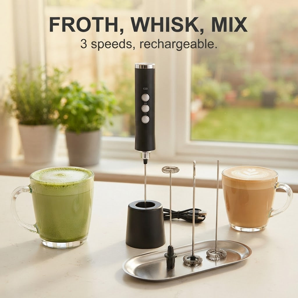 3-Speed Rechargeable Milk Frother & Whisk - Froth, whisk, mix