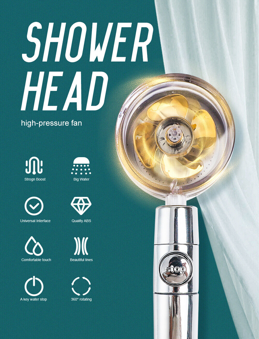 High Pressure Turbo Shower Head - 360 Rotating Handheld Sprayer