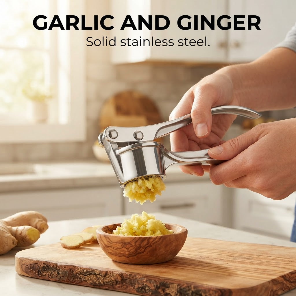 Stainless Steel Garlic Press - Garlic and ginger