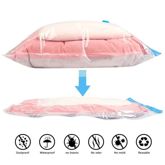 Vacuum storage bag compressing bedding to a fraction of its size