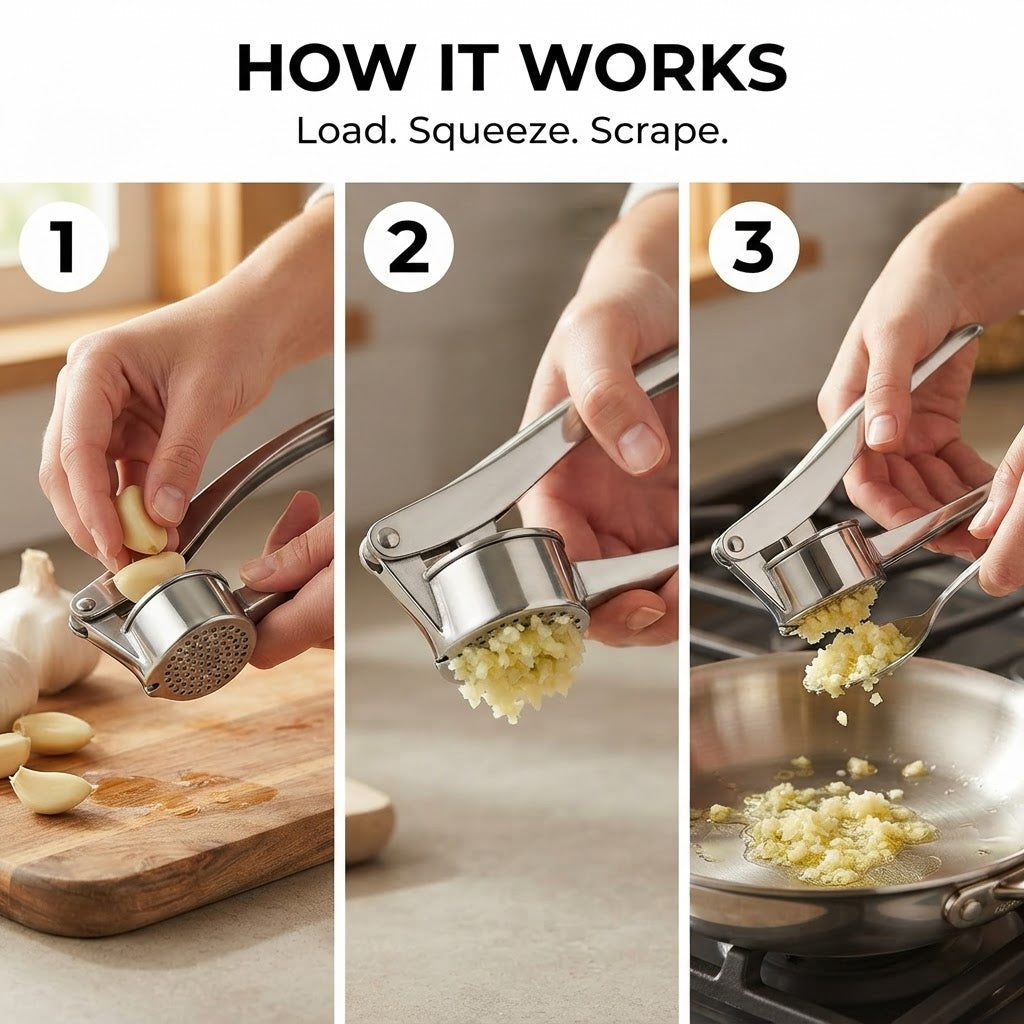 Stainless Steel Garlic Press - How it works