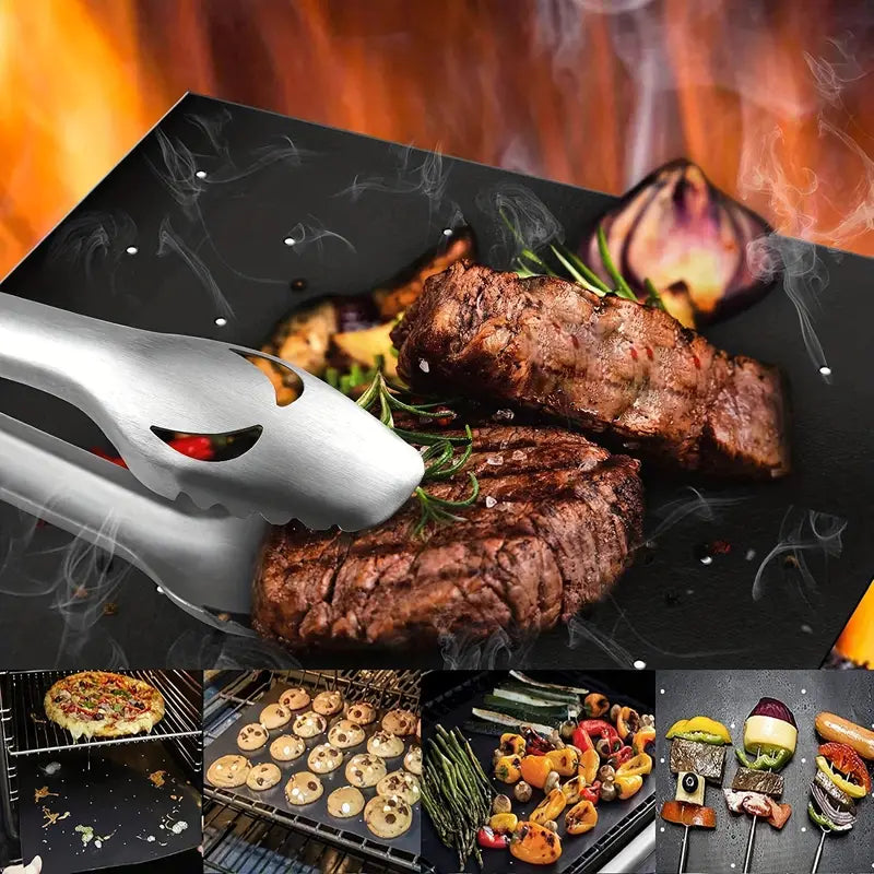 Non-Stick Grill Mat Set with Silicone Tongs