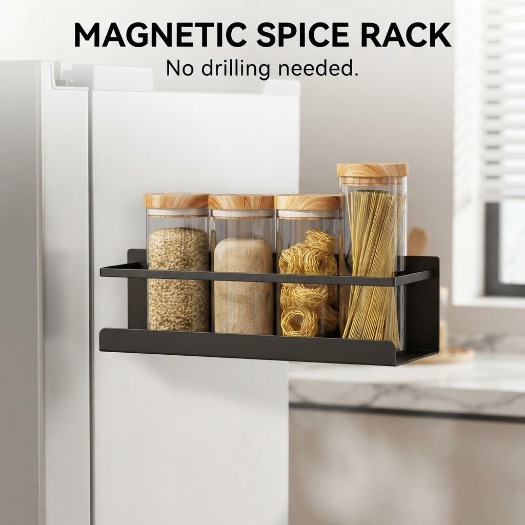 Magnetic spice rack in black on a fridge