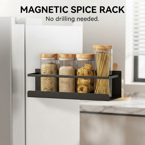 Magnetic spice rack in black on a fridge