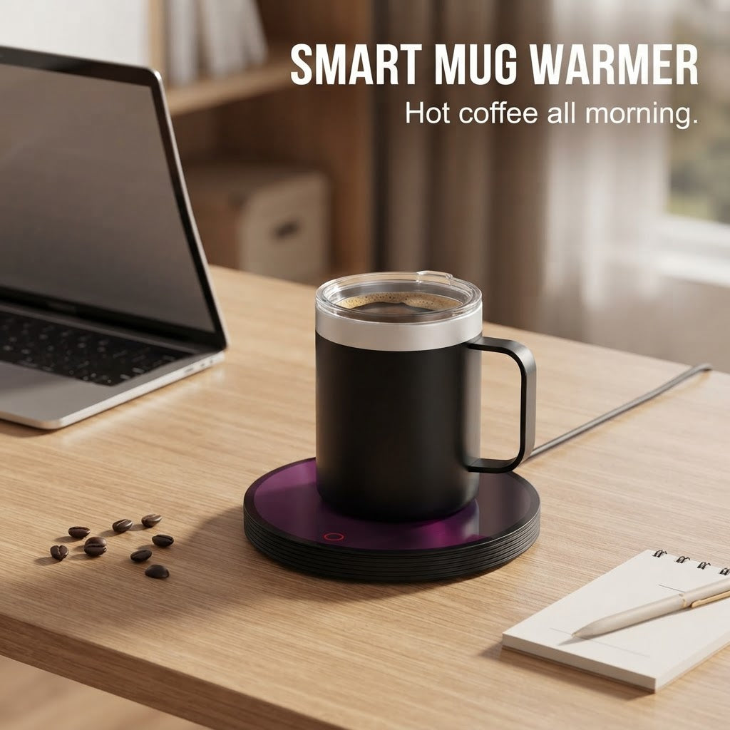 Smart mug warmer keeping coffee hot on a desk