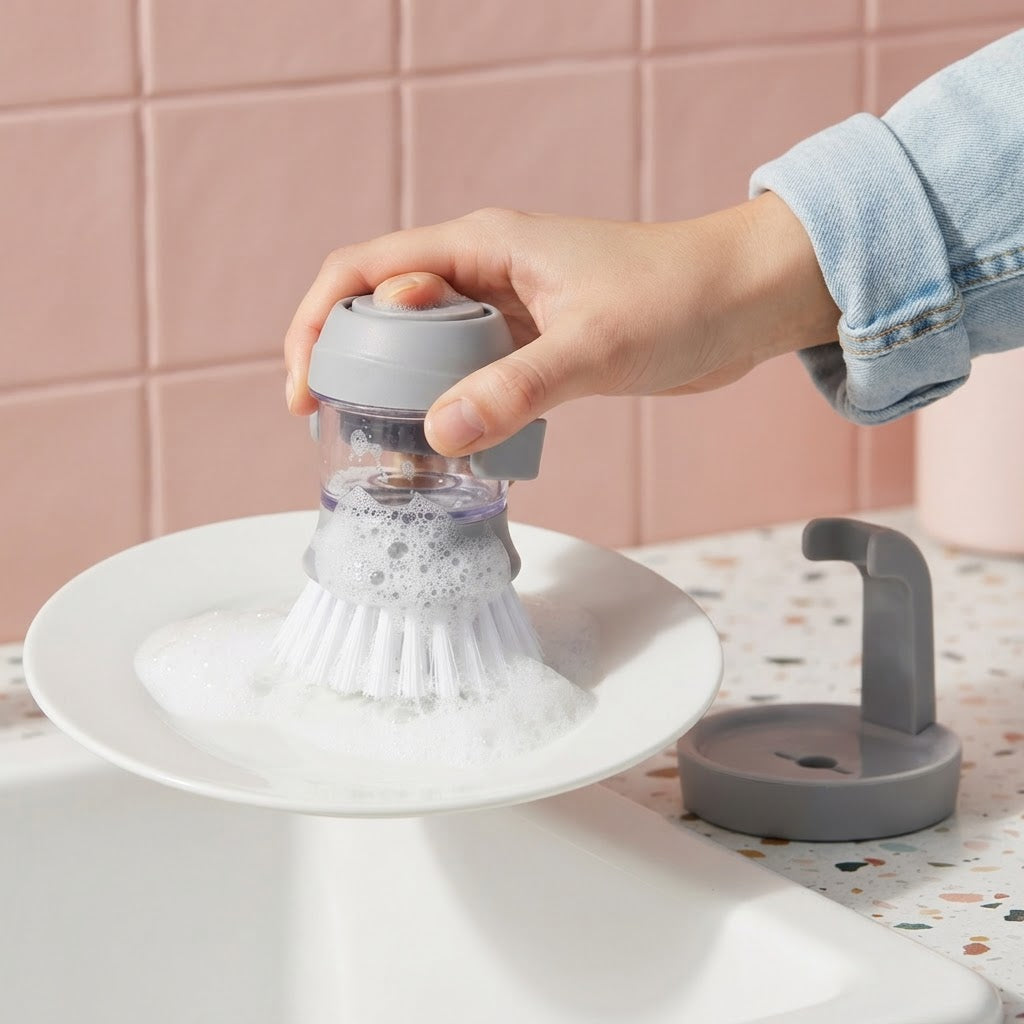 Soap Dispensing Dish Brush in use