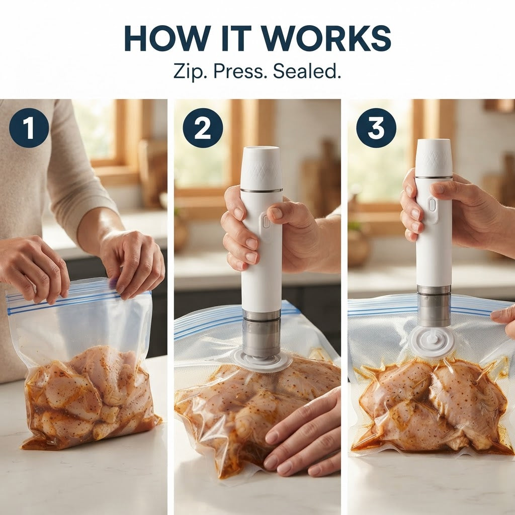 Mini Handheld Vacuum Sealer with 5 Bags - How it works