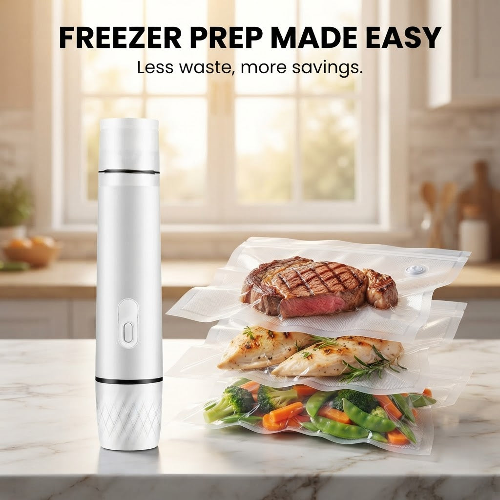 Mini Handheld Vacuum Sealer with 5 Bags - Freezer prep made easy